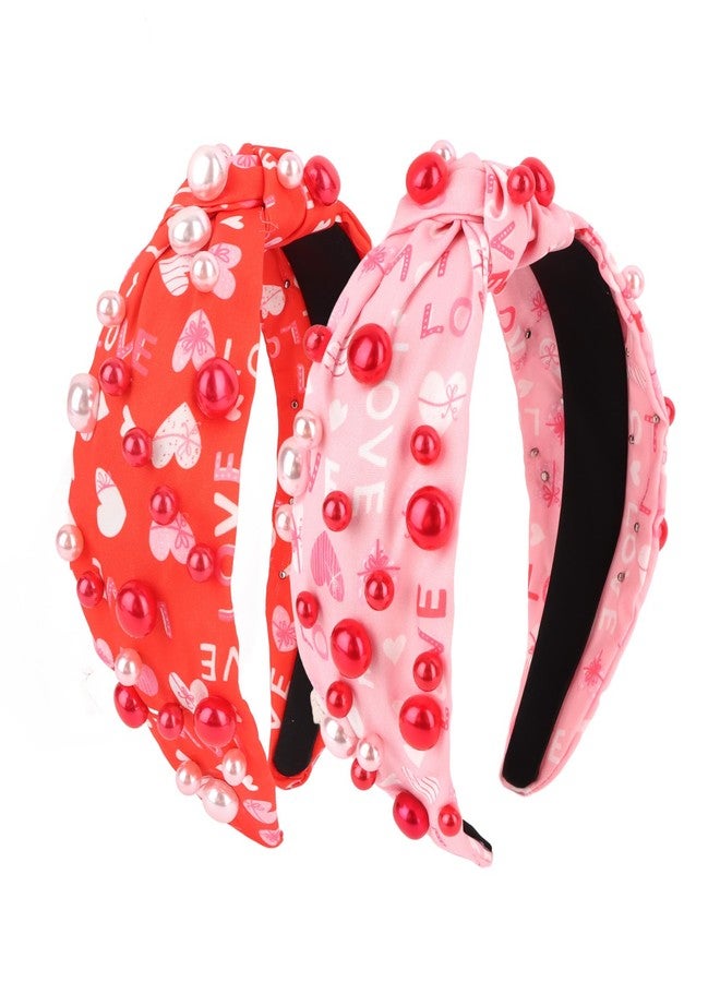 CAVETEE Knotted Heart Headbands，2Pcs Valentine's Day Headbands for Women Heart Love Holiday Hair Accessory for Women & Girls (Pink&Red, onesize) - Image 1